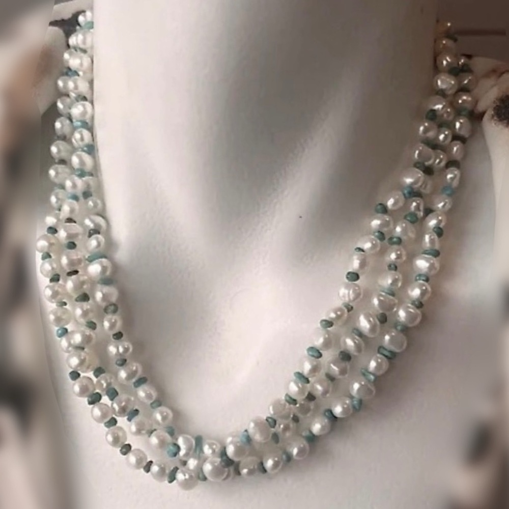 Rare Three Strand Fresh Water Pearls & Turquoise Necklace